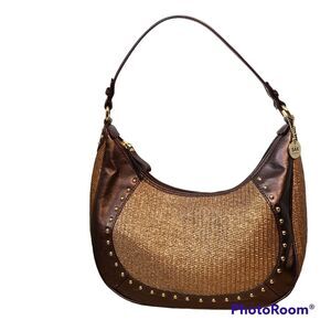 VINTAGE Y2K The Sak Brown Vegan Leather Gold Straw Shoulder Handbag Scandi Girl